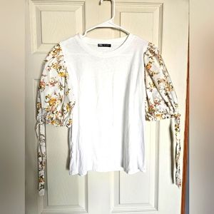 Zara white Tee with floral sleeves. Size small